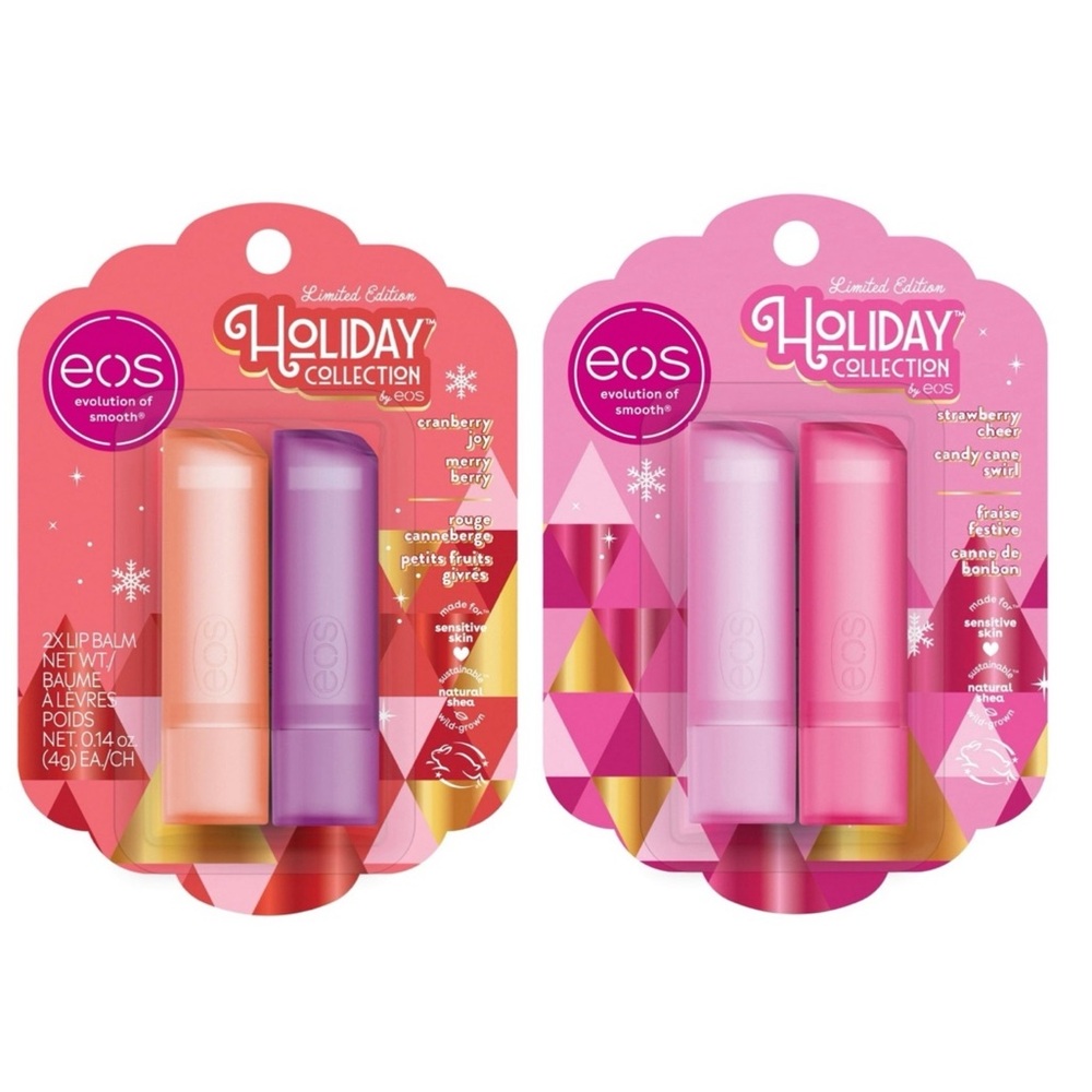 2/2pk eos HolidayLipBalm CranberryJoy/Merry Berry, strawberry/Candycane 4-0.14oz